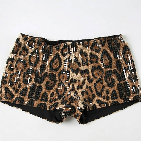 Stephy Women's Leopard Print Sequins High Waist Tight Hot Girl Shorts, Brown, M