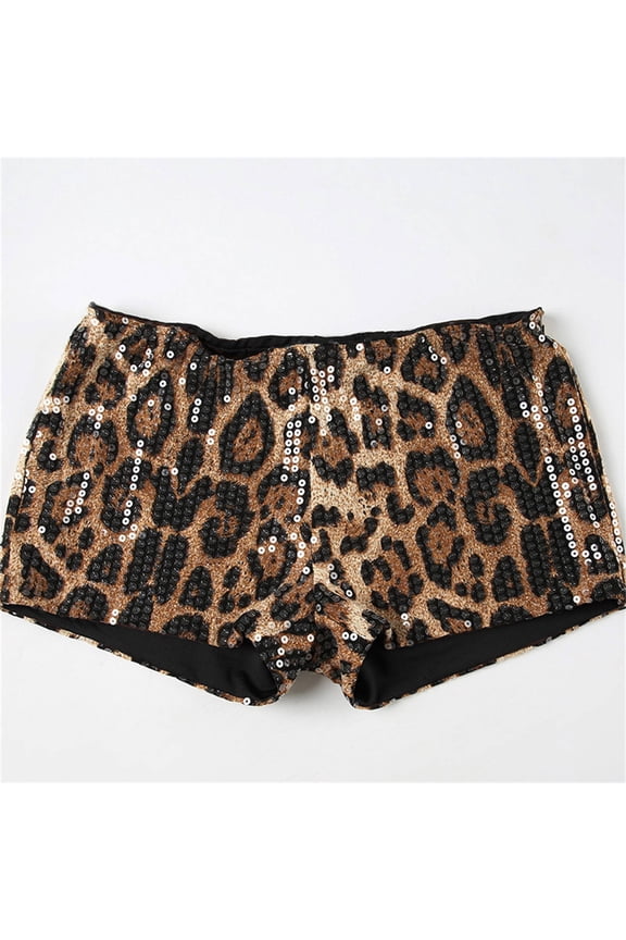 Women's Leopard Print Sequins High Waist Tight Hot Girl Shorts, Brown, M