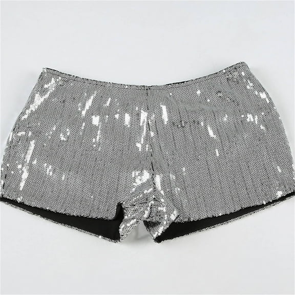 Stephy Women's Leopard Print Sequins High Waist Tight Hot Girl Shorts, Silver, M
