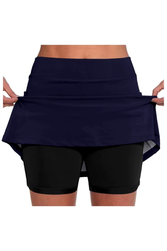 Women's Pocket Pants Solid Mid Waist Culottes Short Skirts Skinny Pants, Blue, S