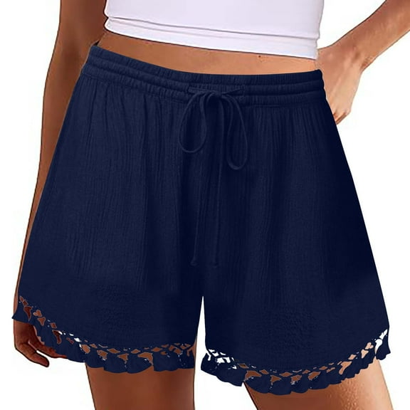 Stephy Women's Shorts 2025 Summer Casual Cute Ruffle Shorts Comfy Elastic Waist Drawstring Pleated Short, Blue, S