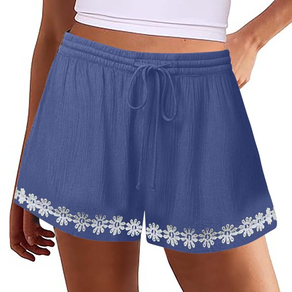 Stephy Women's Shorts 2025 Summer Casual Cute Ruffle Shorts Comfy Elastic Waist Drawstring Pleated Short, Blue, S