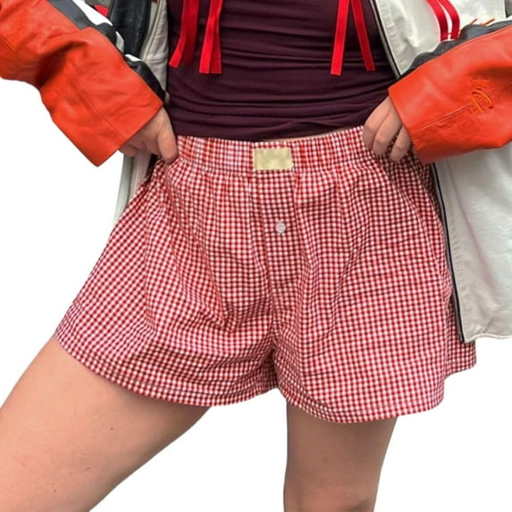 Stephy Women's Shorts Cute Soft Elastic Low Waist Plaid Print Button Front Pajama Bottoms Boxer Shorts Sleepwear, Red, XXL