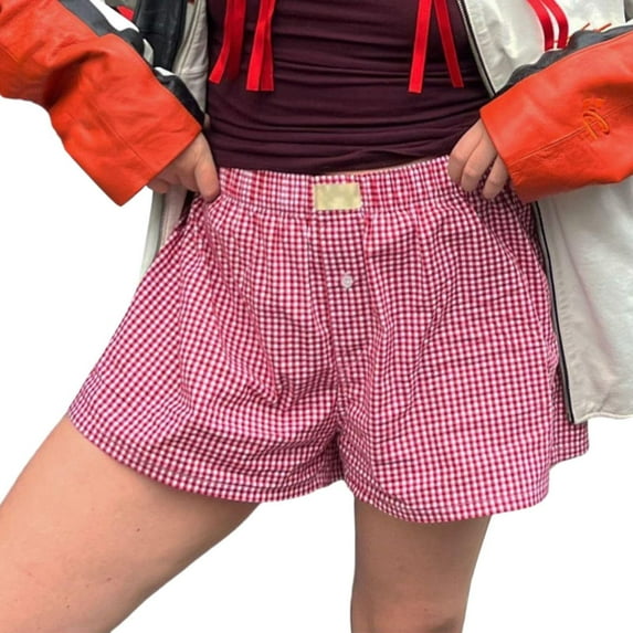 Stephy Women's Shorts Cute Soft Elastic Low Waist Plaid Print Button Front Pajama Bottoms Boxer Shorts Sleepwear, Red, XXL