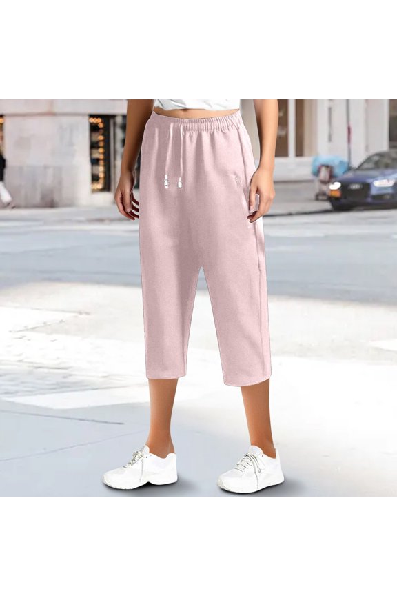 Women's Solid Color Ice Silk Pants Cool 7 Point Pants Drawstring Casual Trousers Pocket Sports Pants, Pink, XXL