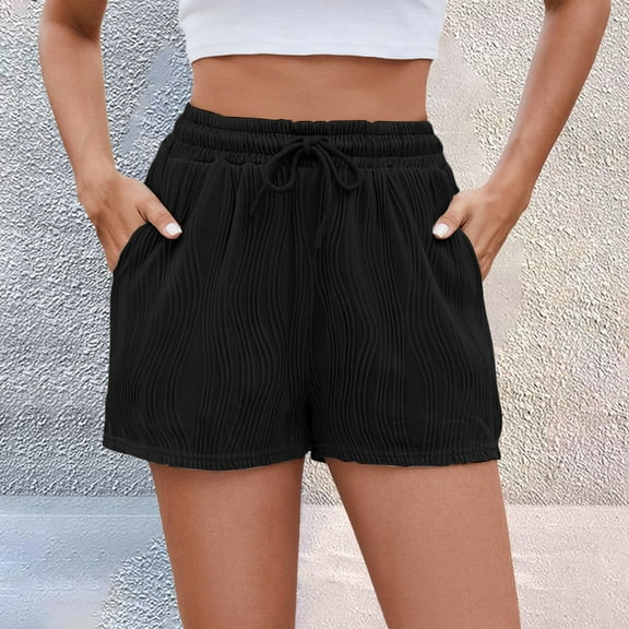 Stephy Women's Spring Summer Solid Color Striped Shorts with Drawstring Pockets for Casual Wear, Black, S