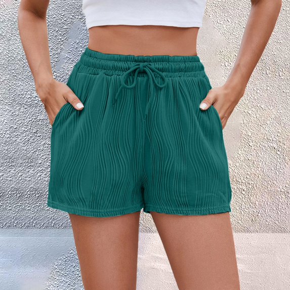 Stephy Women's Spring Summer Solid Color Striped Shorts with Drawstring Pockets for Casual Wear, Blue, XXL