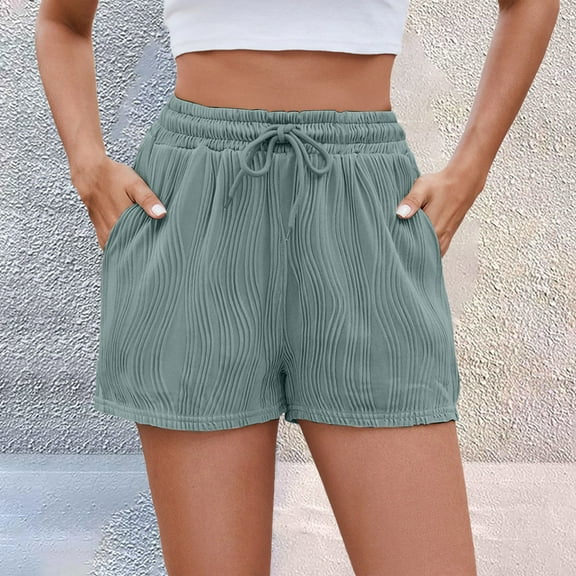 Stephy Women's Spring Summer Solid Color Striped Shorts with Drawstring Pockets for Casual Wear, Green, M