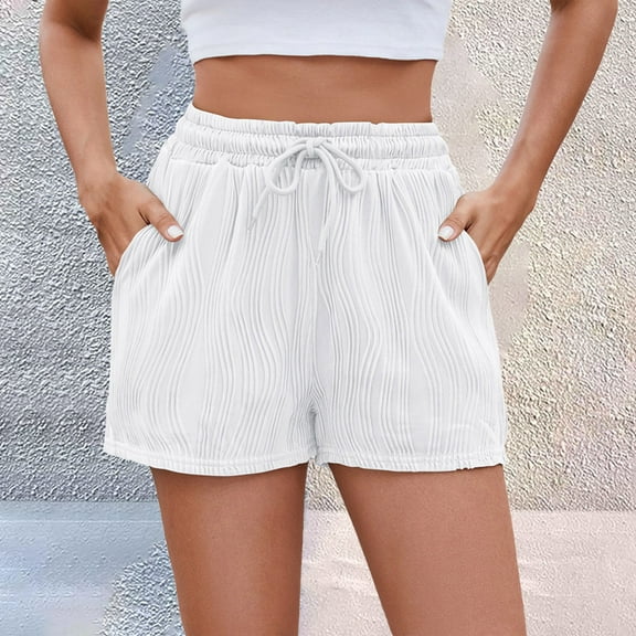 Stephy Women's Spring Summer Solid Color Striped Shorts with Drawstring Pockets for Casual Wear, White, S