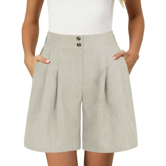 Stephy Womens Casual Elastic Waist Shorts High Waist Wide Leg Pleated Business Work Trouser Shorts Without Pockets, Beige, XL
