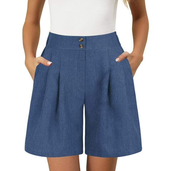 Stephy Womens Casual Elastic Waist Shorts High Waist Wide Leg Pleated Business Work Trouser Shorts Without Pockets, Blue, L