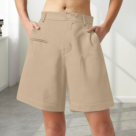 Stephy Womens Casual Solid Elegant Zipper Waist Suit Shorts Pants Elastic Waist Side Pockets Business Shorts, Beige, M