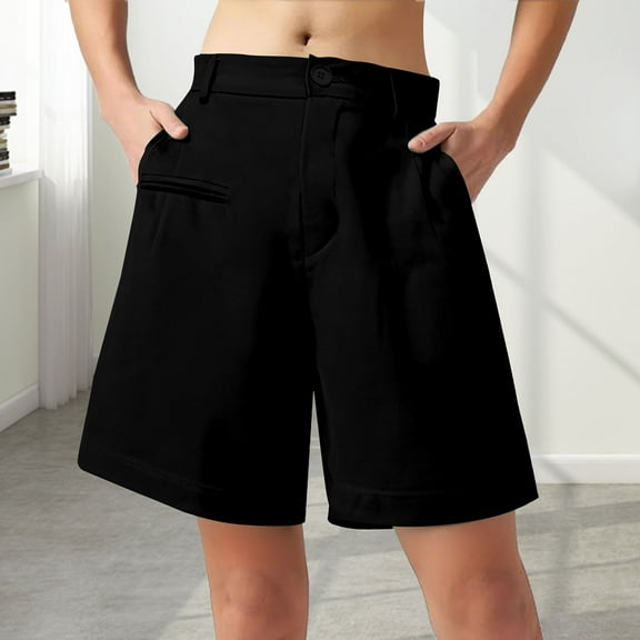Stephy Womens Casual Solid Elegant Zipper Waist Suit Shorts Pants Elastic Waist Side Pockets Business Shorts, Black, S