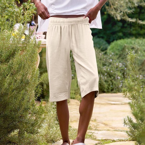 Stephy Womens Casual Solid Side Pockets Pants Shorts Elastic Waist Back Pockets Daily Shorts, Beige, M