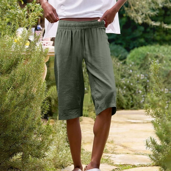 Stephy Womens Casual Solid Side Pockets Pants Shorts Elastic Waist Back Pockets Daily Shorts, Green, XL