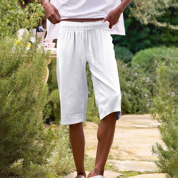 Stephy Womens Casual Solid Side Pockets Pants Shorts Elastic Waist Back Pockets Daily Shorts, White, M