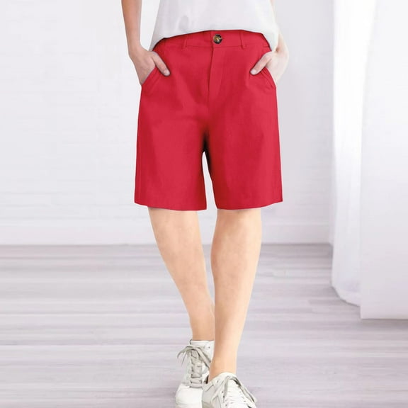 Stephy Womens Casual Solid Sport Zipper Waist Pants Shorts Elastic Waist Back Pockets Daily Shorts, Red, S