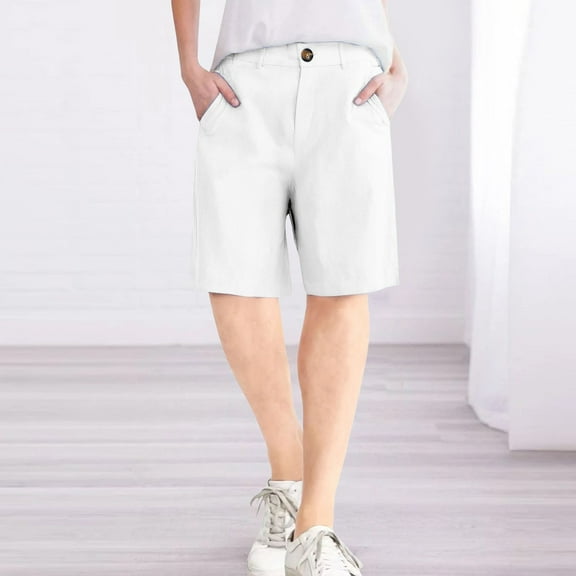 Stephy Womens Casual Solid Sport Zipper Waist Pants Shorts Elastic Waist Back Pockets Daily Shorts, White, L