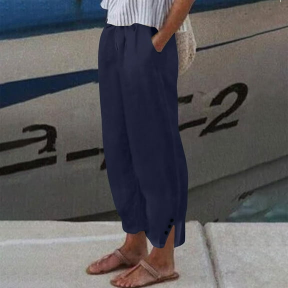 Stephy Womens Daily Elastic Waist Pockets Straight Solid Color Casual Pants Loose Long Trousers, Blue, L