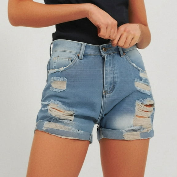 Stephy Womens Split High Waist Denim Skorts Skirt Shorts Ripped Jeans Shorts Fringed Distressed Denim Shorts, Blue, XL