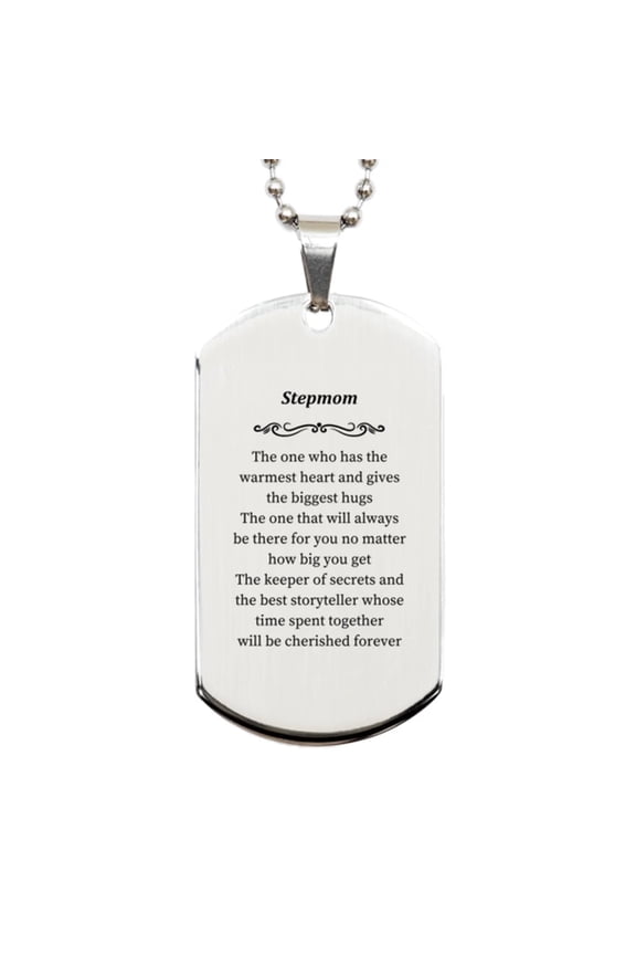 Stepmom Gift Silver Dog Tag Engraved Warm Heart Hugs Cherished Memories
