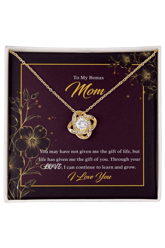 Stepmom, Love You, Mom, The Beautiful Necklace, Message Card and Box, Gold Love Knot Necklace