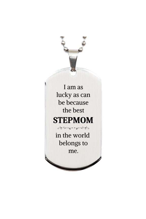 Stepmom Silver Dog Tag - Best Stepmom in the World - Engraved Gift for Mothers Day, Birthday, Christmas - Special, Unique, Inspirational, Meaningful Token of Love for Stepmom