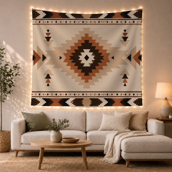 Stepped Diamond Motif Against Cream Background, Cozy Folk Art for Home Decor Enthusiasts, Geometric Wall Art, Housewarming Gift, Tapestry Wall Hanging for Living Room and Bedroom