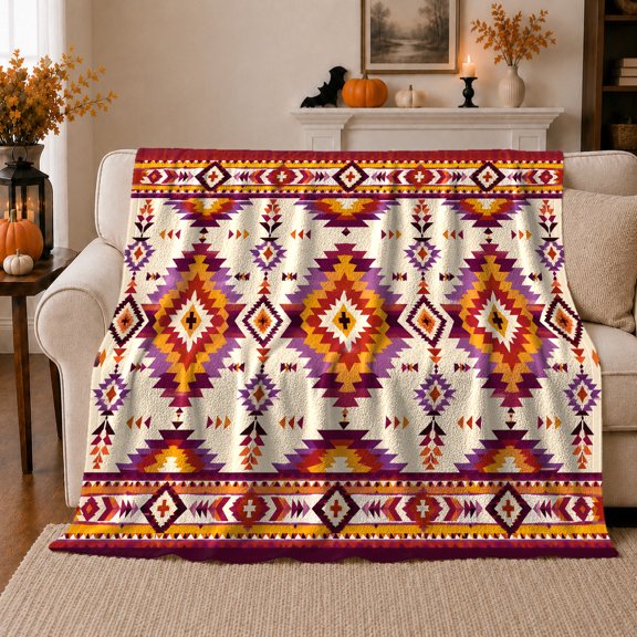 Stepped Diamonds With Geometric Arrows And Borders, Soft Flannel Blanket with Southwestern Geometric Pattern Print, Housewarming Gift and Home Decor for Bedroom and Living Room