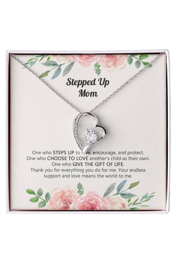 Stepped Up Mom Gift, Special Message Card, Step Mom Necklace Gift - Forever Love Necklace - White Gold or Yellow Gold - Gift Box