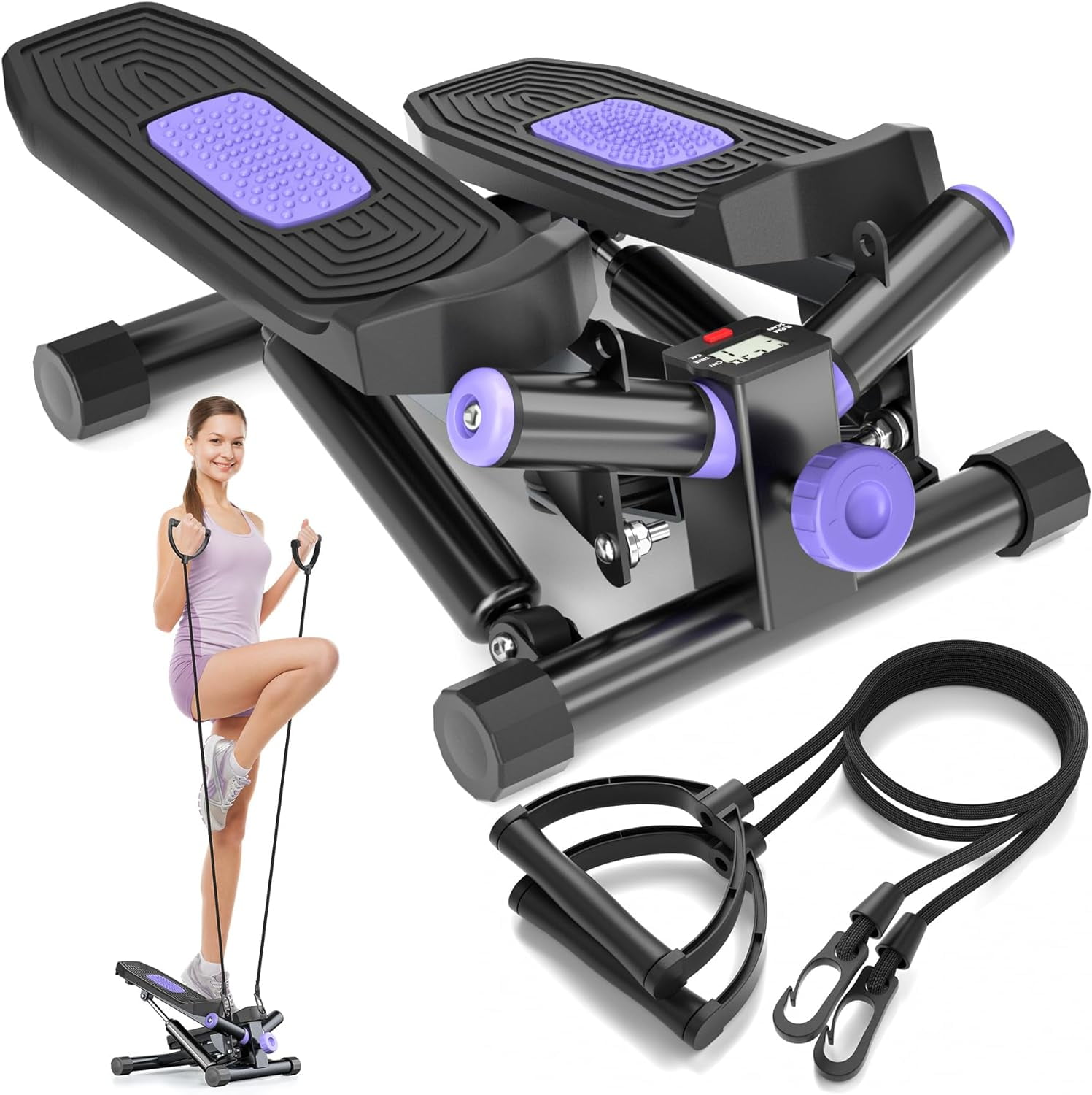 Steppers for Exercise at Home, Adjustable Height Mini Stepper with Resistance Bands, Stair Stepper with 300lbs Loading Capacity,Twist Stepper Portable Exercise Equipment for Full Body Workout