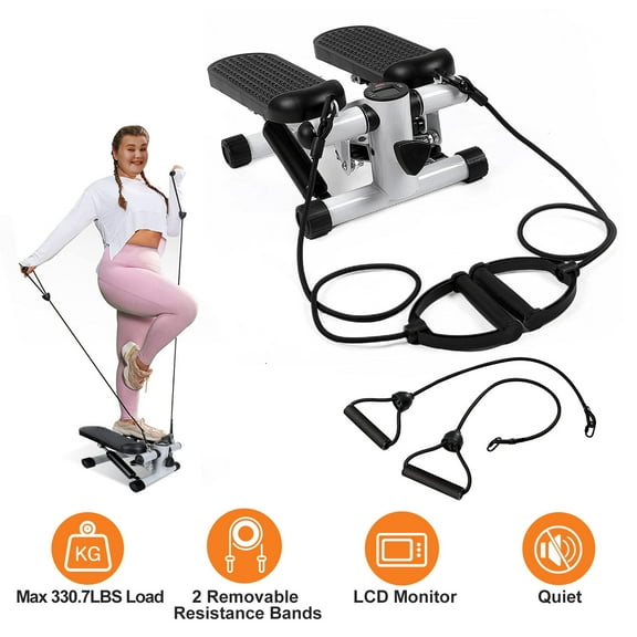 Home Workout Mini Stair Stepper with Resistance Bands - Portable Hydraulic Fitness Equipment for Full Body Shaping, Grey Steel, 330.7LBS Capacity, LCD Monitor