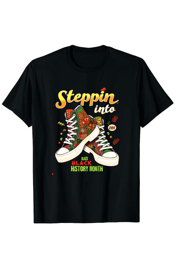 Steppin Into Black History Month Retro Sneaker Graphic T-Shirt - African Pattern Culture Apparel for Men and Women - Comfortable Cotton Tee