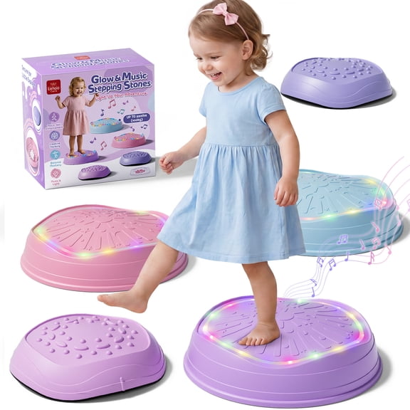 Stepping Stones for Kids, Upgraded Support Bones, 5 Pcs Non-Slip Balance Stepping Stones with Light & Music, Up to 220 lbs, Coordination Skills Sensory Toys, Outdoor Toys for Kids Ages 4 8 - Purple
