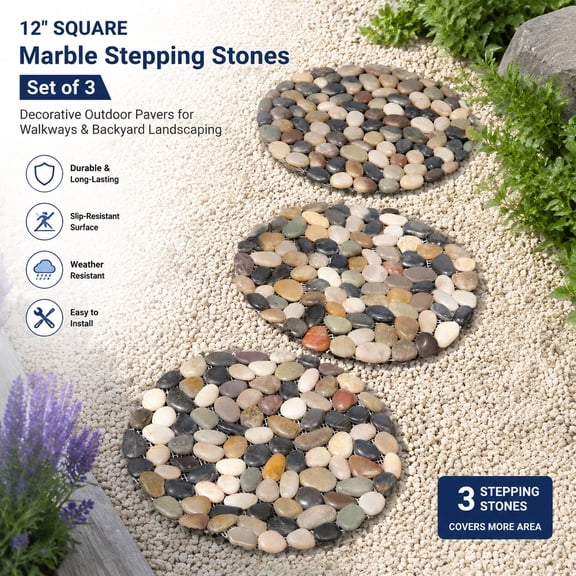 Stepping Stones Outdoor Walkway - 12" River Rock Decorative Garden Pavers - Set of 3 Backyard Landscaping Stones for Pathway