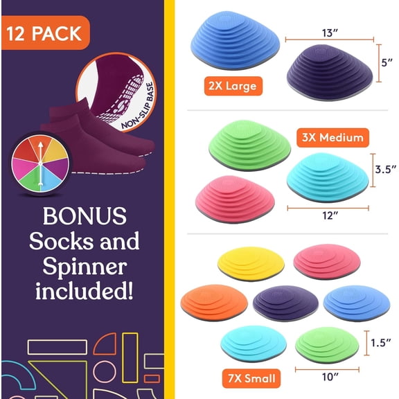 Stepping Stones for Kids - 12-Piece Balance Block Set with Non-Slip Edging (Multicolor)