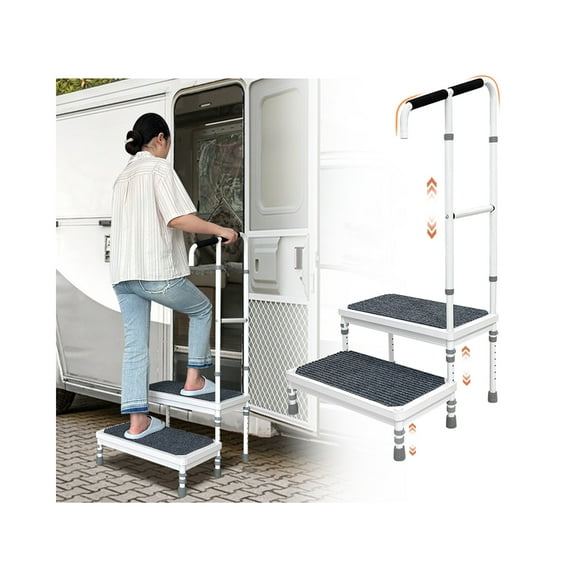 Stepping Stool for Adults Two Step Stool with Handle Medical Mobile Home Stairs SUV Car RV Steps with Handrail Step Ladder for Elderly Truck Hot Tub Kitchen Handicap Step Up Foot Stool