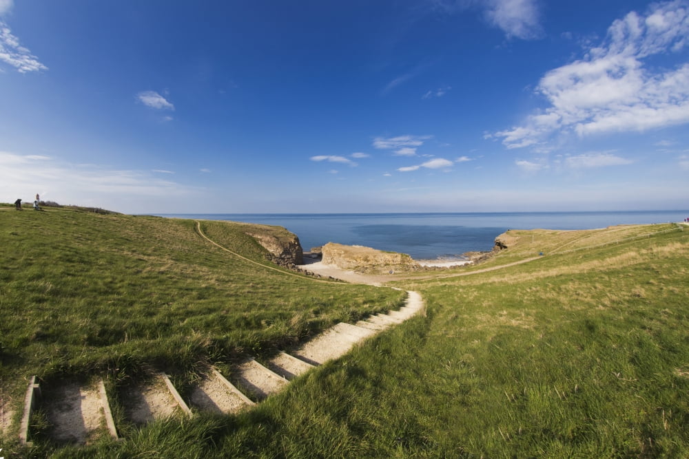 Steps Leading Over The Grassy Slope To The Waters Edge South Shields Tyne And Wear England Canvas Art - John Short Design Pics (19 x 12)