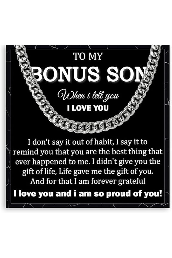 Stepson Gifts From Stepmom, Bonus Son Gifts From Stepdad, Birthday Gift for Step Son With Message Card and Gift Box, To My Bonus Son Necklace From Stepfather