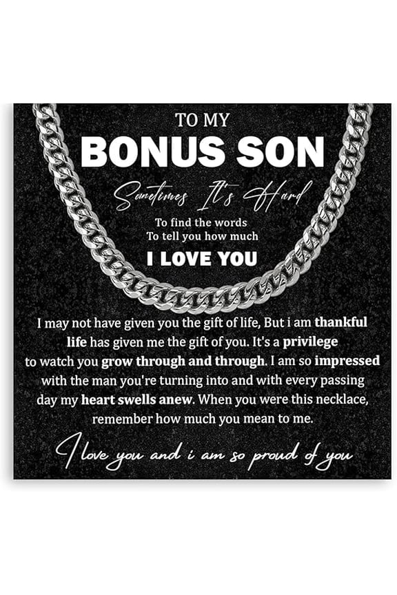 Stepson Gifts From Stepmom, Bonus Son Gifts From Stepdad, To My Bonus Son Necklace From Stepfather, Christmas Birthday Necklace With Message Card and Gift Box