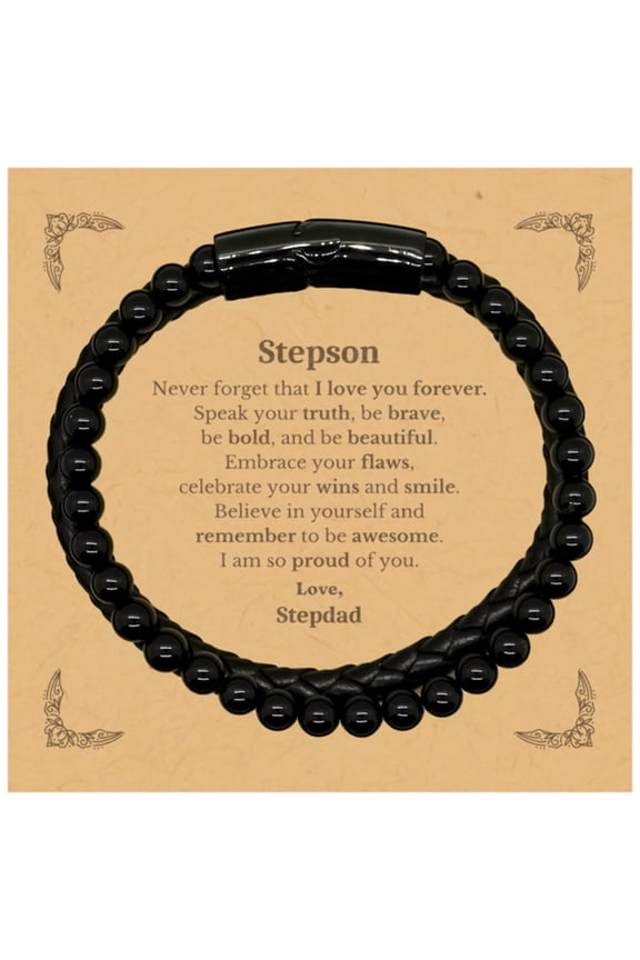 Stepson Stone Leather Bracelets, Never forget that I love you forever, Inspirational Stepson Birthday Unique Gifts From Stepdad