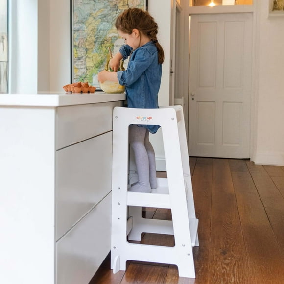 Stepup Baby Toddler Tower with Adjustable Step, White Montessori-Inspired Toddler Step Stool, Standing Tower for Kids, Fits Under Kitchen Counters, Adjustable for 18 Month - 5 Years