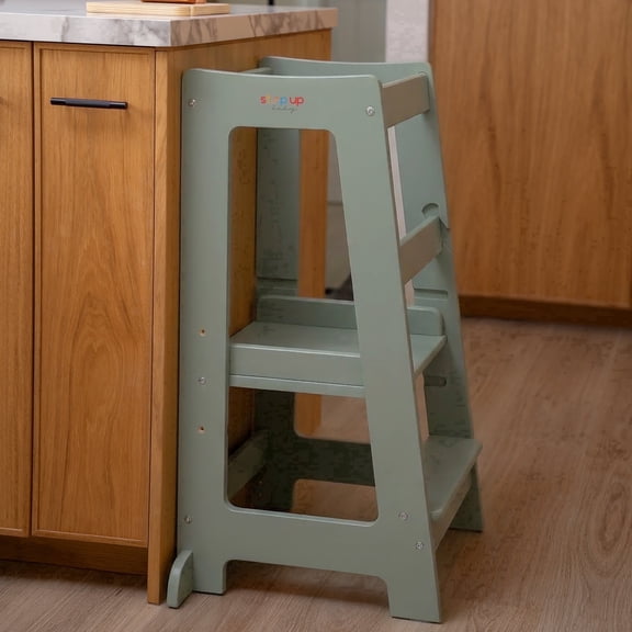 Stepup Baby Toddler Tower Green - 3-Level Adjustable Wooden Toddler Step Stool Kids for 18 Months to 4 Years