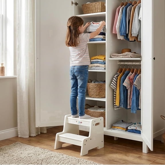 Stepup Baby Wooden Step Stool for Toddlers White – 2-step Toddler Step Stool from Age 3+ Helps Children Reach Sinks and Counters Safely