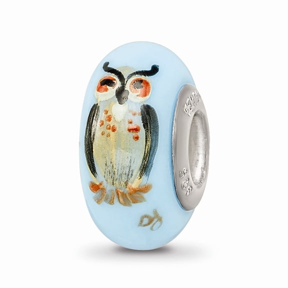 Ster.Silver Reflections Blue Hand Painted Wisdom Owl Fenton Glass Bead; for Adults and Teens; for Women and Men