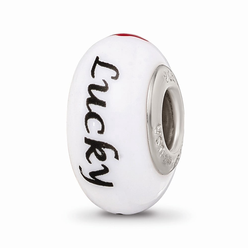 Ster.Silver Reflections White Hand Painted Lucky Suit Fenton Glass Bead; for Adults and Teens; for Women and Men