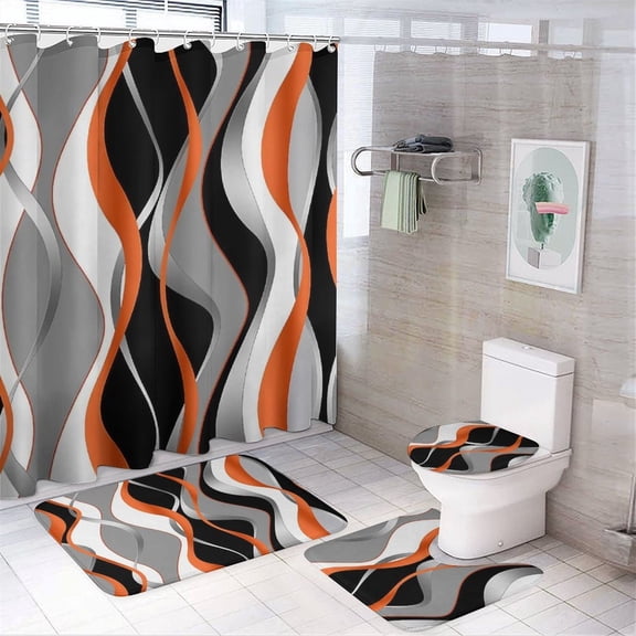 Stereo Abstract Line Gradient Shower Curtain Sets Non-Slip Rugs Bath Mat Toilet Cover U Shaped Mat 4 Pcs