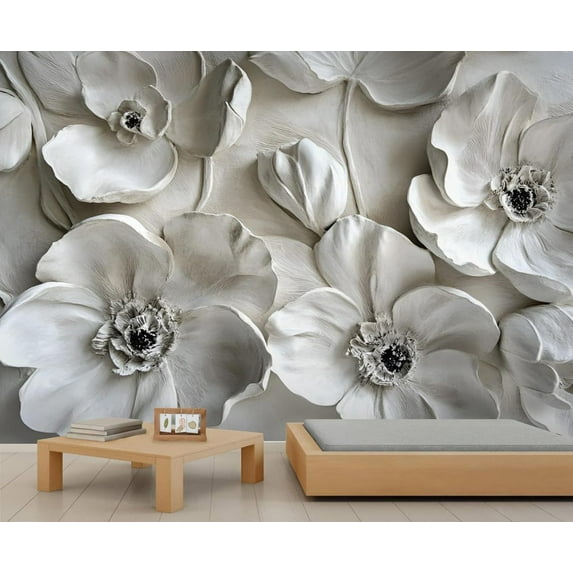 Stereo Floral Wall Mural, Abstract Relief Flowers 3D Wallpaper, Nordic Modern Art Wall Sticker Wall Decor For Bedroom Living Room Children's Room 79"W x 55"H (Not Peel and Stick)