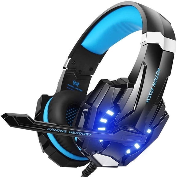 Stereo Gaming Headset with Microphone and LED Lights, Noise-Canceling Over-Ear Headphones, Bass Surround Sound, Multi-Device Compatible, Blue