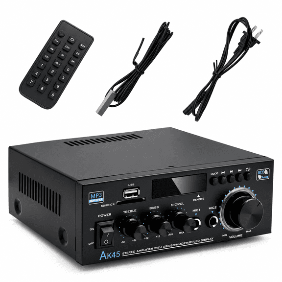 Stereo Home Audio Amplifier Receiver AK45, 400W Bluetooth 5.0 HiFi Stereo Power Amplifier 2.0 Channel RMS 40W x 2 Home Stereo System with Remote Control Amp W/MIC,USB, RCA,FM Radio